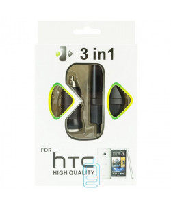 Сетевое+автомобильное зарядное устройство HTC 3in1 1USB 1.0A micro-USB black
