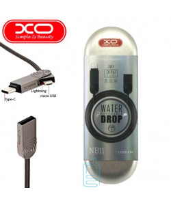 USB кабель XO NB11 3in1 Apple Lightning, micro USB, Type-C 1m сірий