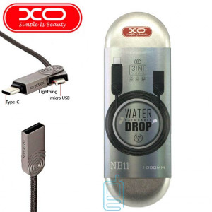 USB кабель XO NB11 3in1 Apple Lightning, micro USB, Type-C 1m сірий