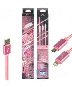 USB кабель King Fire JM-014 2in1 micro USB, Apple Lightning 1m рожевий