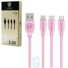 USB кабель Lenyes LC768 3in1 Apple Lightning, micro USB, Type-C 1m рожевий